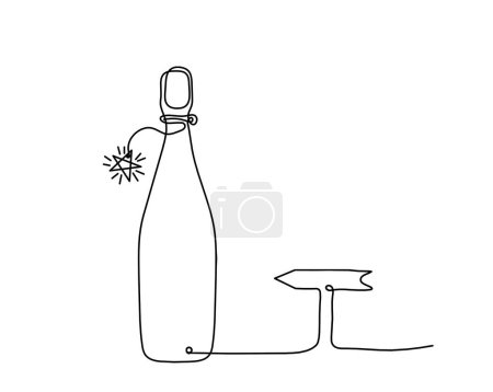 Téléchargez les illustrations : Ligne de dessin bouteille de champagne ou de vin avec direction sur le fond blanc - en licence libre de droit
