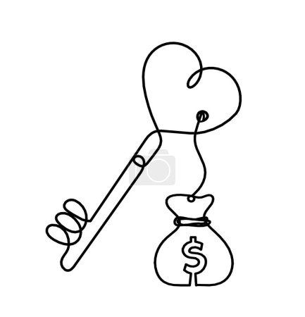 Illustration for Abstract heart-key with dollar as continuous line drawing on white background - Royalty Free Image