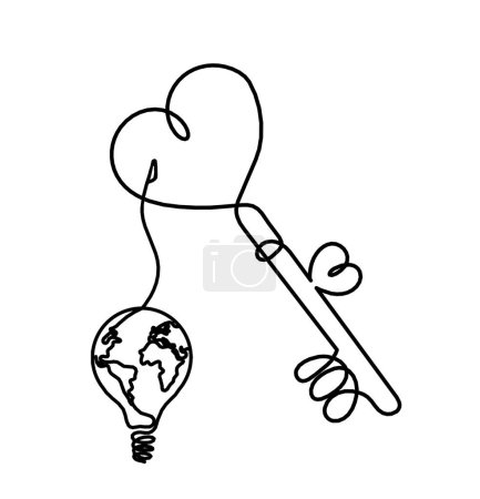Téléchargez les illustrations : Clé de coeur abstraite avec ampoule comme dessin en ligne continue sur fond blanc - en licence libre de droit