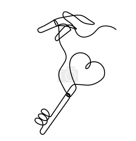 Téléchargez les illustrations : Clé de coeur abstraite avec la main comme dessin en ligne continue sur fond blanc - en licence libre de droit
