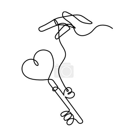 Illustration for Abstract heart-key with hand as continuous line drawing on white background - Royalty Free Image