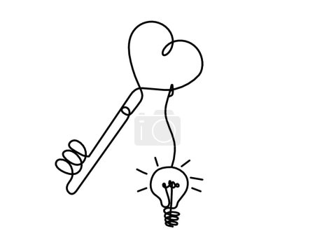 Téléchargez les illustrations : Clé de coeur abstraite avec ampoule comme dessin en ligne continue sur fond blanc - en licence libre de droit