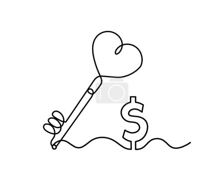 Téléchargez les illustrations : Clé de coeur abstraite avec dollar comme dessin en ligne continue sur fond blanc - en licence libre de droit