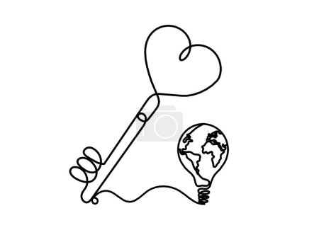 Illustration for Abstract heart-key with light bulb as continuous line drawing on white background - Royalty Free Image