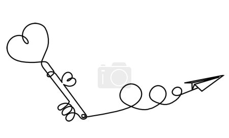 Illustration for Abstract heart-key with paper plane as continuous line drawing on white background - Royalty Free Image