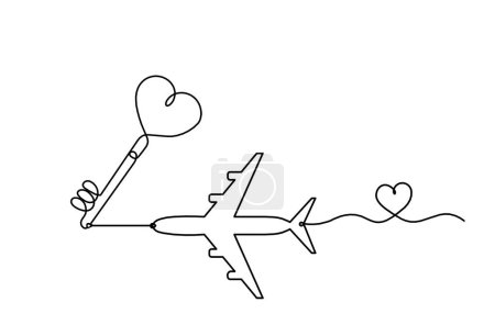 Illustration for Abstract heart-key with plane as continuous line drawing on white background - Royalty Free Image