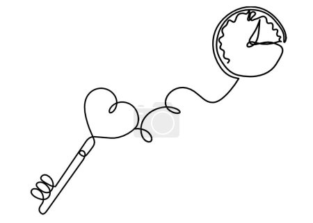 Téléchargez les illustrations : Clé de coeur abstraite avec horloge comme dessin en ligne continue sur fond blanc - en licence libre de droit