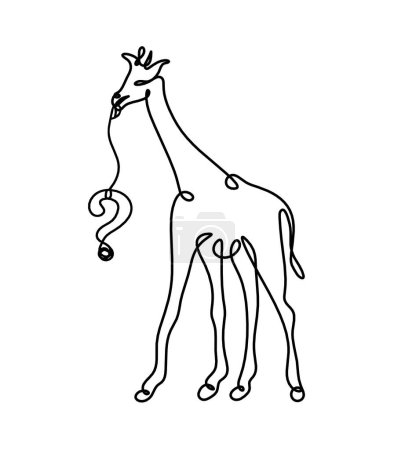 Ilustración de Silueta de jirafa abstracta con signo de interrogación como dibujo en línea sobre blanco - Imagen libre de derechos