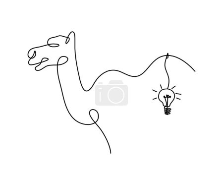 Illustration for Silhouette of abstract camel with light bulb as line drawing on white - Royalty Free Image