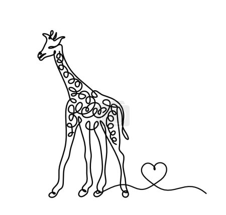 Téléchargez les illustrations : Silhouette de girafe abstraite avec cœur comme dessin de ligne sur blanc - en licence libre de droit