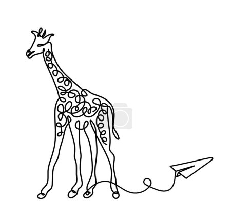 Illustration for Silhouette of abstract giraffe with paper plane as line drawing on white - Royalty Free Image