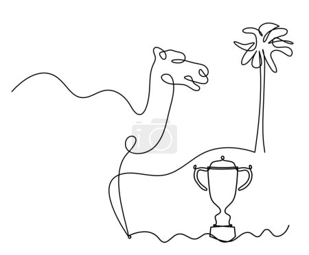 Illustration for Silhouette of abstract camel with trophy as line drawing on white - Royalty Free Image