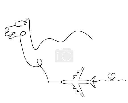 Illustration for Silhouette of abstract camel with plane as line drawing on white - Royalty Free Image