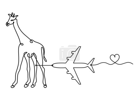 Illustration for Silhouette of abstract giraffe with plane as line drawing on white - Royalty Free Image