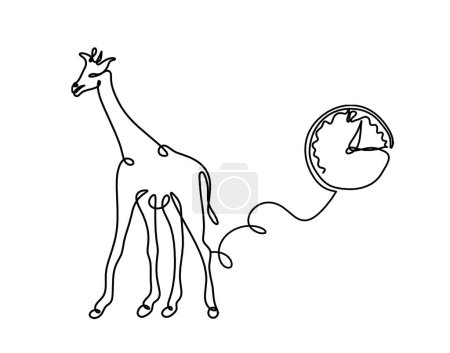 Téléchargez les illustrations : Silhouette de girafe abstraite avec horloge comme dessin au trait sur blanc - en licence libre de droit