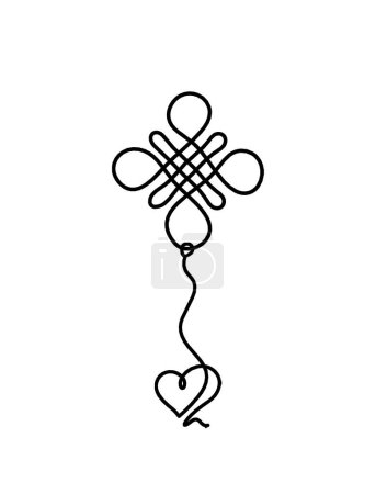 Téléchargez les illustrations : Signe de noeud de bon augure sans fin avec le cœur comme dessin de ligne sur le fond blanc - en licence libre de droit