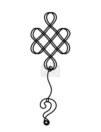 Illustration for Sign of endless auspicious knot with question mark as line drawing on the white background - Royalty Free Image