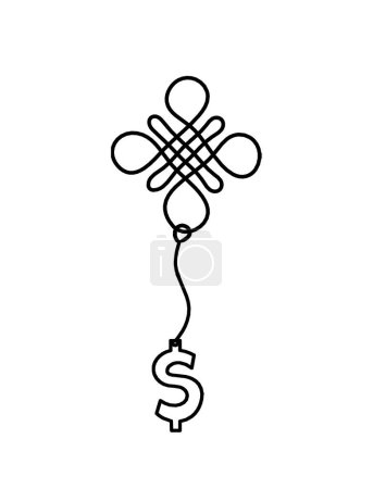 Téléchargez les illustrations : Signe de noeud de bon augure sans fin avec le dollar comme dessin de ligne sur le fond blanc - en licence libre de droit