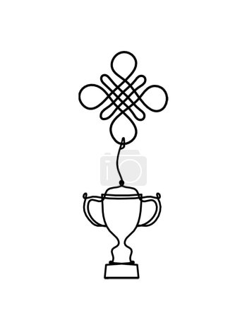 Illustration for Sign of endless auspicious knot with trophy as line drawing on the white background - Royalty Free Image