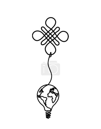 Illustration for Sign of endless auspicious knot with light bulb as line drawing on the white background - Royalty Free Image