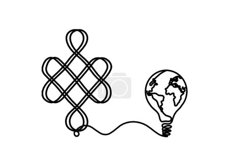 Illustration for Sign of endless auspicious knot with light bulb as line drawing on the white background - Royalty Free Image