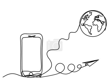 Illustration for Abstract mobile and paper plane as line drawing on white background - Royalty Free Image
