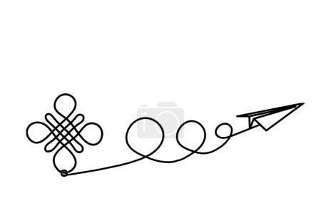 Illustration for Sign of endless auspicious knot with paper plane as line drawing on the white background - Royalty Free Image