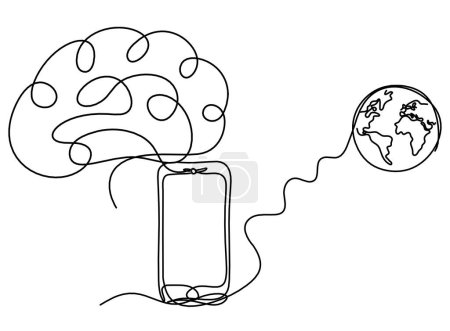 Ilustración de Resumen móvil y el cerebro como dibujo de línea sobre fondo blanco - Imagen libre de derechos