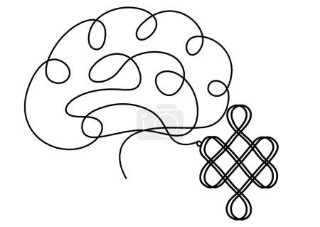 Téléchargez les illustrations : Signe de noeud de bon augure sans fin avec le cerveau comme dessin de ligne sur le fond blanc - en licence libre de droit