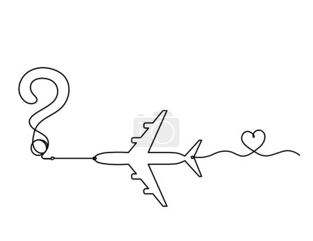 Illustration for Abstract question mark with plane as continuous lines drawing on white background - Royalty Free Image