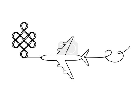 Illustration for Sign of endless auspicious knot with plane as line drawing on the white background - Royalty Free Image