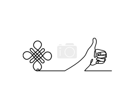 Illustration for Sign of endless auspicious knot with hand as line drawing on the white background - Royalty Free Image