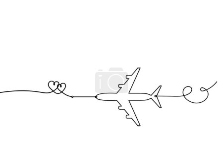 Illustration for Abstract hearts with plane as continuous line drawing on white background - Royalty Free Image