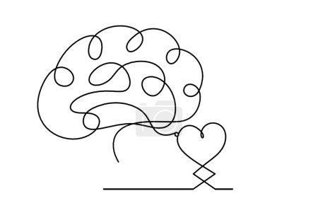 Téléchargez les illustrations : Coeurs abstraits avec le cerveau comme dessin en ligne continue sur fond blanc - en licence libre de droit