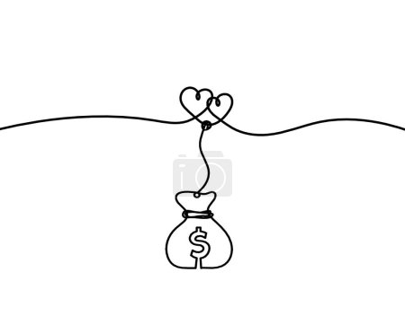 Ilustración de Corazones abstractos con dólar como dibujo de línea continua sobre fondo blanco - Imagen libre de derechos