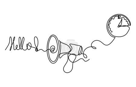 Ilustración de Megáfono abstracto y reloj como líneas continuas dibujando sobre fondo blanco - Imagen libre de derechos