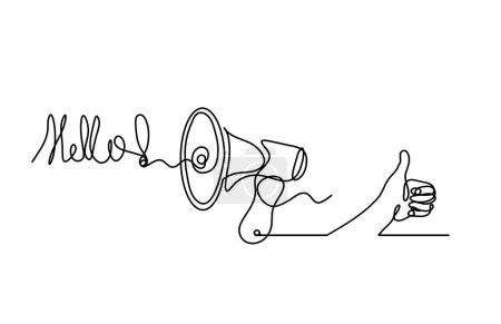 Téléchargez les illustrations : Mégaphone abstrait et main comme lignes continues dessinant sur fond blanc - en licence libre de droit
