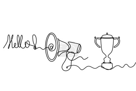 Illustration for Abstract megaphone and trophy as continuous lines drawing on white background - Royalty Free Image