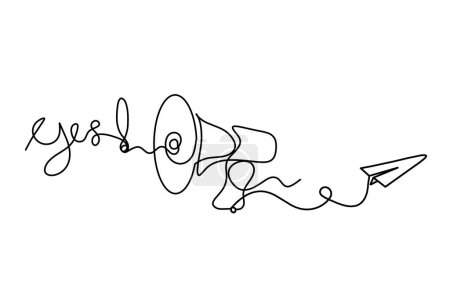 Téléchargez les illustrations : Mégaphone abstrait et plan en papier comme lignes continues dessinant sur fond blanc - en licence libre de droit