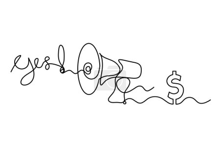 Ilustración de Megáfono abstracto y dólar como líneas continuas dibujando sobre fondo blanco - Imagen libre de derechos