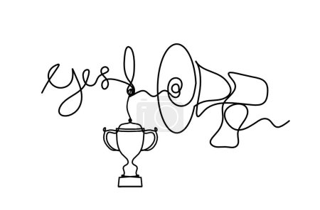 Ilustración de Megáfono abstracto y trofeo como líneas continuas dibujando sobre fondo blanco - Imagen libre de derechos