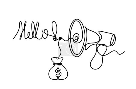 Illustration for Abstract megaphone and dollar as continuous lines drawing on white background - Royalty Free Image