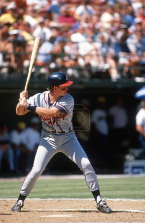 Téléchargez les photos : Jeff Blauser, infielder des Braves d'Atlanta, dans MLB Action dans les années 1990. L'image provient d'une diapositive couleur. - en image libre de droit