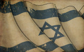 Background illustration of an old paper with a print of a waving Flag of Israel mug #677295186