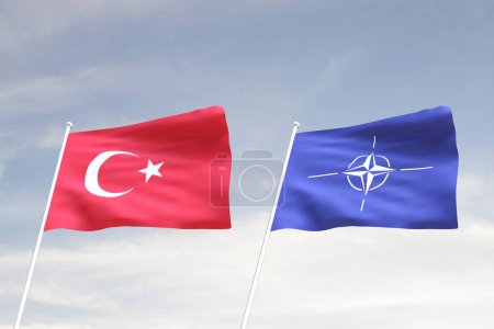 Téléchargez les photos : Drapeaux de la TURQUIE et de l'OTAN avec fond bleu ciel nuageux, rendu WAR 3D - en image libre de droit