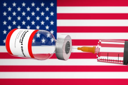 Photo for Spectacular bottle of fentanyl citrate levitating in the air with a penetrating syringe against a UNITED STATES OF AMERICA FLAG'S  USA background. 3D render. - Royalty Free Image