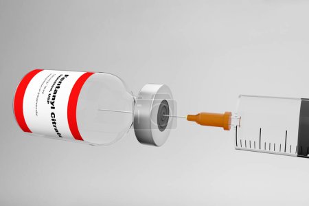 Téléchargez les photos : Spectaculaire bouteille de citrate de fentanyl lévitant dans l'air avec une seringue pénétrante sur fond blanc. rendu 3D. - en image libre de droit