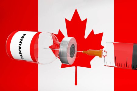 Téléchargez les photos : Spectaculaire bouteille de citrate de fentanyl lévitant dans l'air avec une seringue pénétrante sur le fond d'un FLAG DU CANADA. rendu 3D. - en image libre de droit
