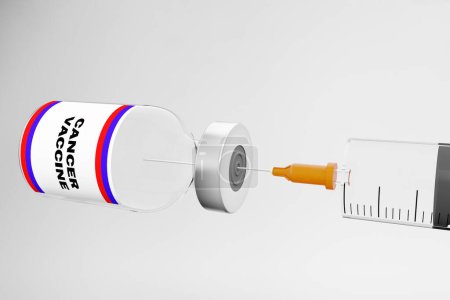Spectacular bottle of  levitating in the air with a penetrating CANCER VACCINE Syringe against a white   background. 3D render Russia flag.
