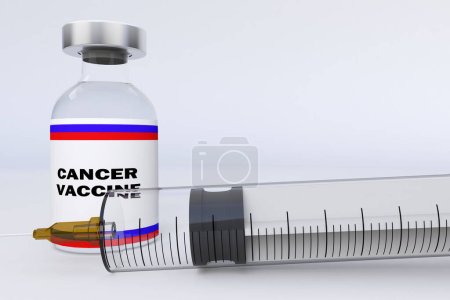 Téléchargez les photos : Flacon spectaculaire de lévitation dans l'air avec une seringue CANCER VACCINE pénétrante sur fond blanc. 3D rendre drapeau Russie. - en image libre de droit